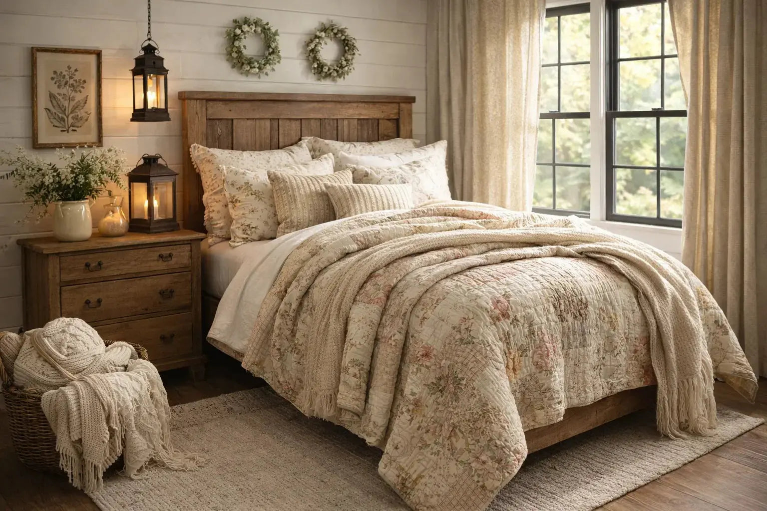 Cozy farmhouse bedroom with floral quilt, wooden bed, lanterns, and rustic decor for warm cottage style living