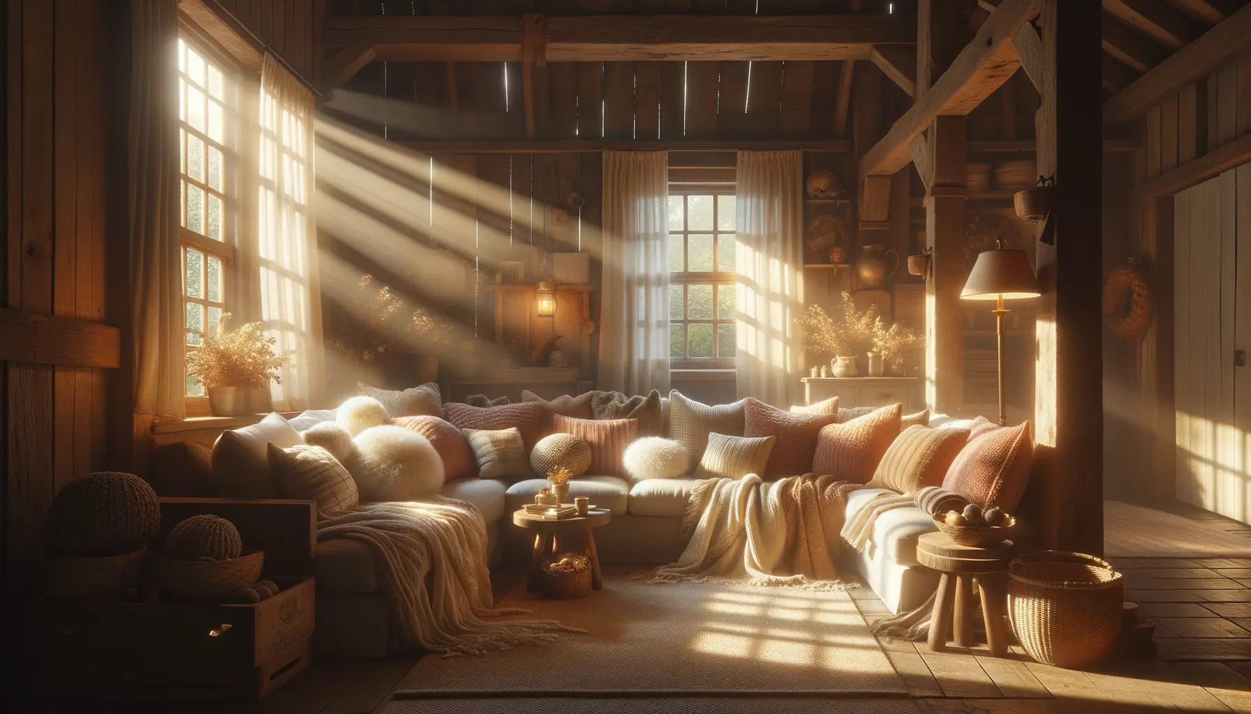 Cozy farmhouse living room with rustic wood beams, sunlit windows, plush pillows, and warm textiles for peaceful home decor.