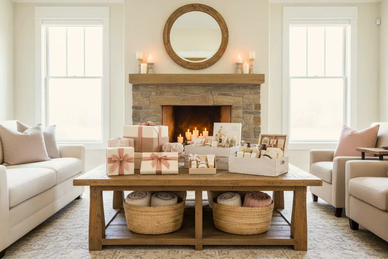Cozy farmhouse living room with rustic coffee table, gift boxes, candles, and bath essentials near stone fireplace