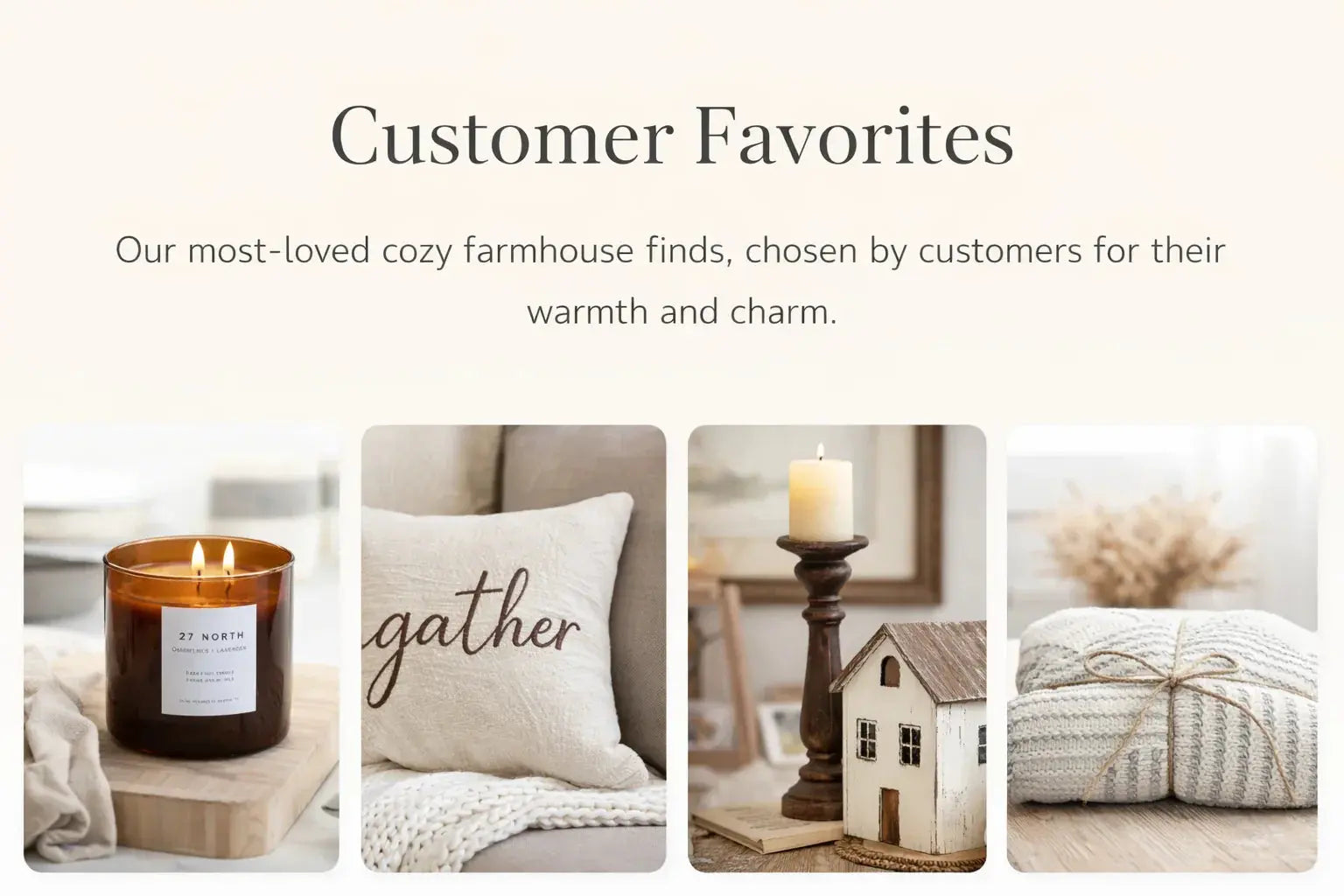 Cozy farmhouse decor: scented candle, 'gather' pillow, candlestick with mini house, and knitted blanket bundle