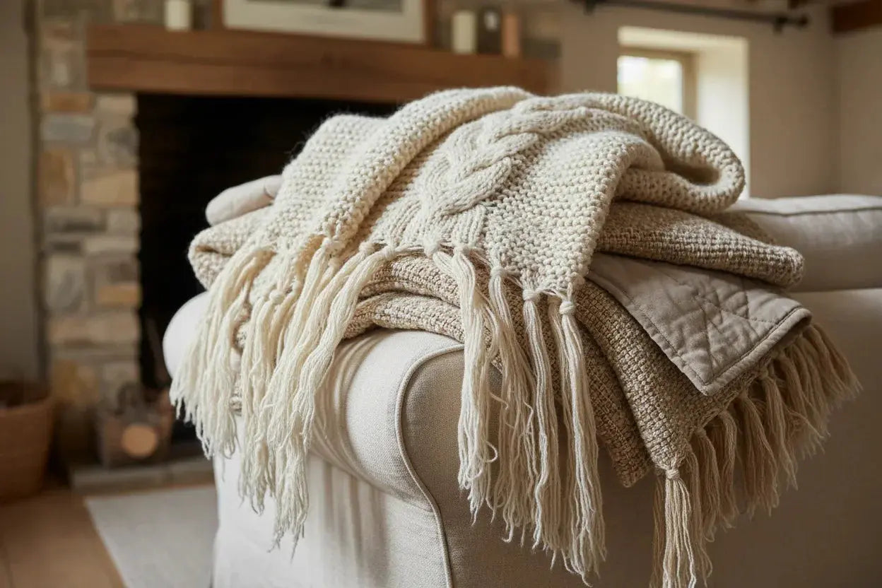 Cozy cream cable knit throw blanket with fringe draped over armchair near stone fireplace