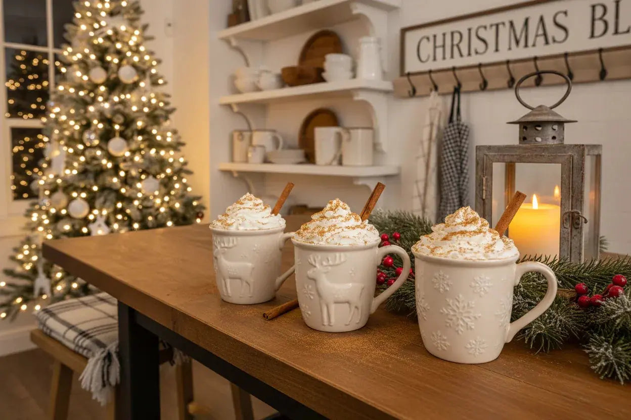 Cozy Christmas mugs with whipped cream, cinnamon sticks, and holiday decor on wooden table
