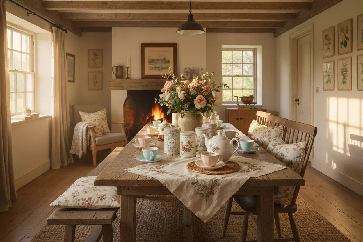 Cozy farmhouse dining room with rustic wood table, floral tea set, and fireplace glow