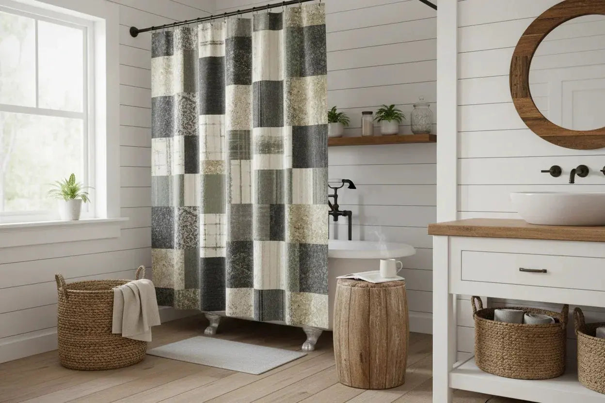 Farmhouse bathroom with patchwork shower curtain, wooden vanity, and woven baskets for cozy cottage decor