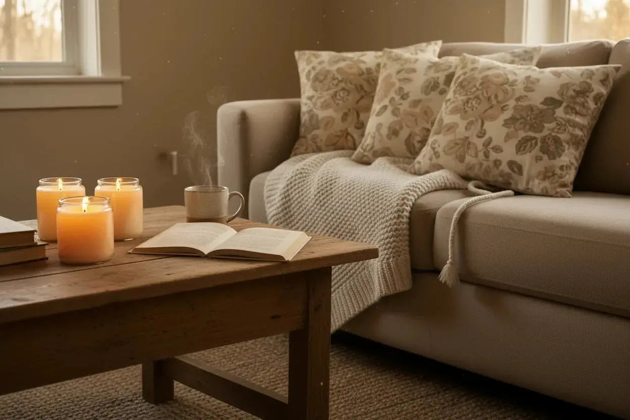 Cozy living room with lit candles, open book, and floral pillows on sofa for farmhouse cottage decor