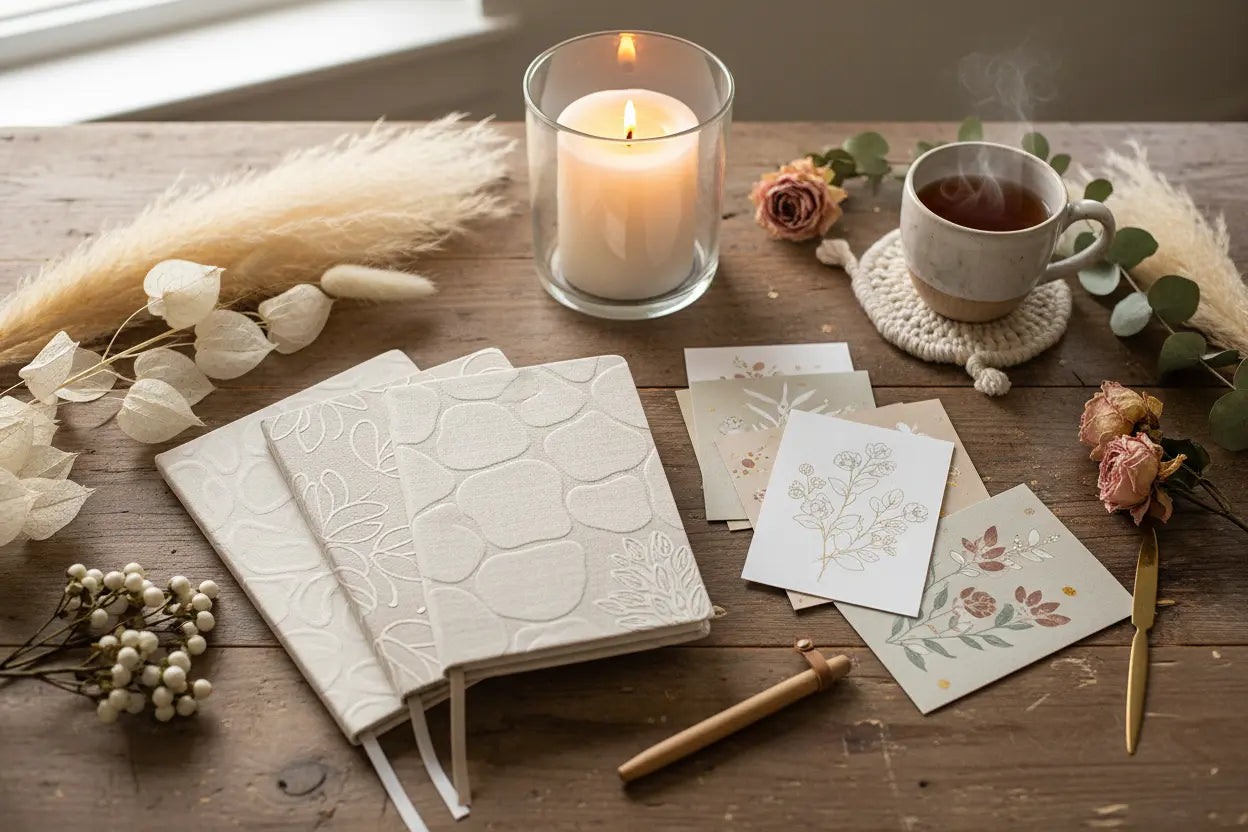 Cozy farmhouse stationery scene featuring neutral journals, greeting cards, candlelight, dried florals, and a warm cup of tea on a rustic wooden table.