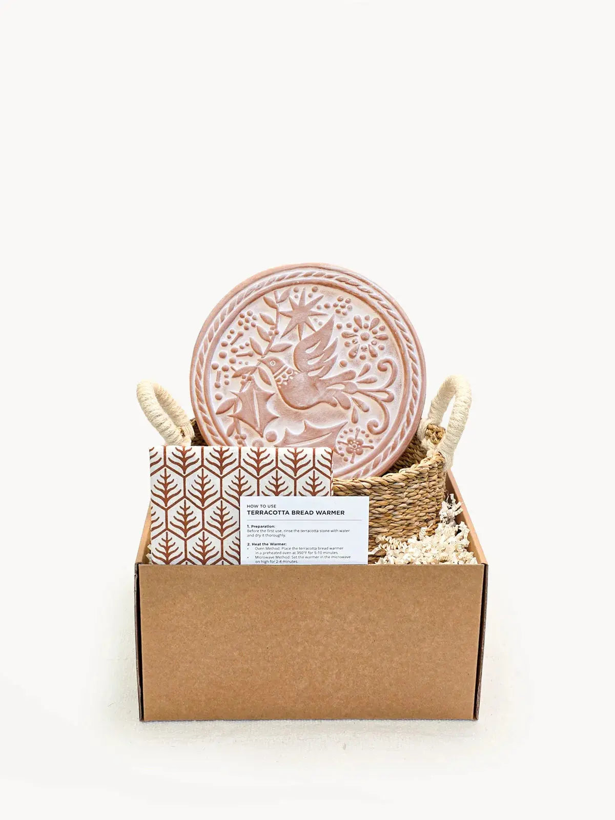 Terracotta bread warmer with bird design in gift box, farmhouse kitchen decor