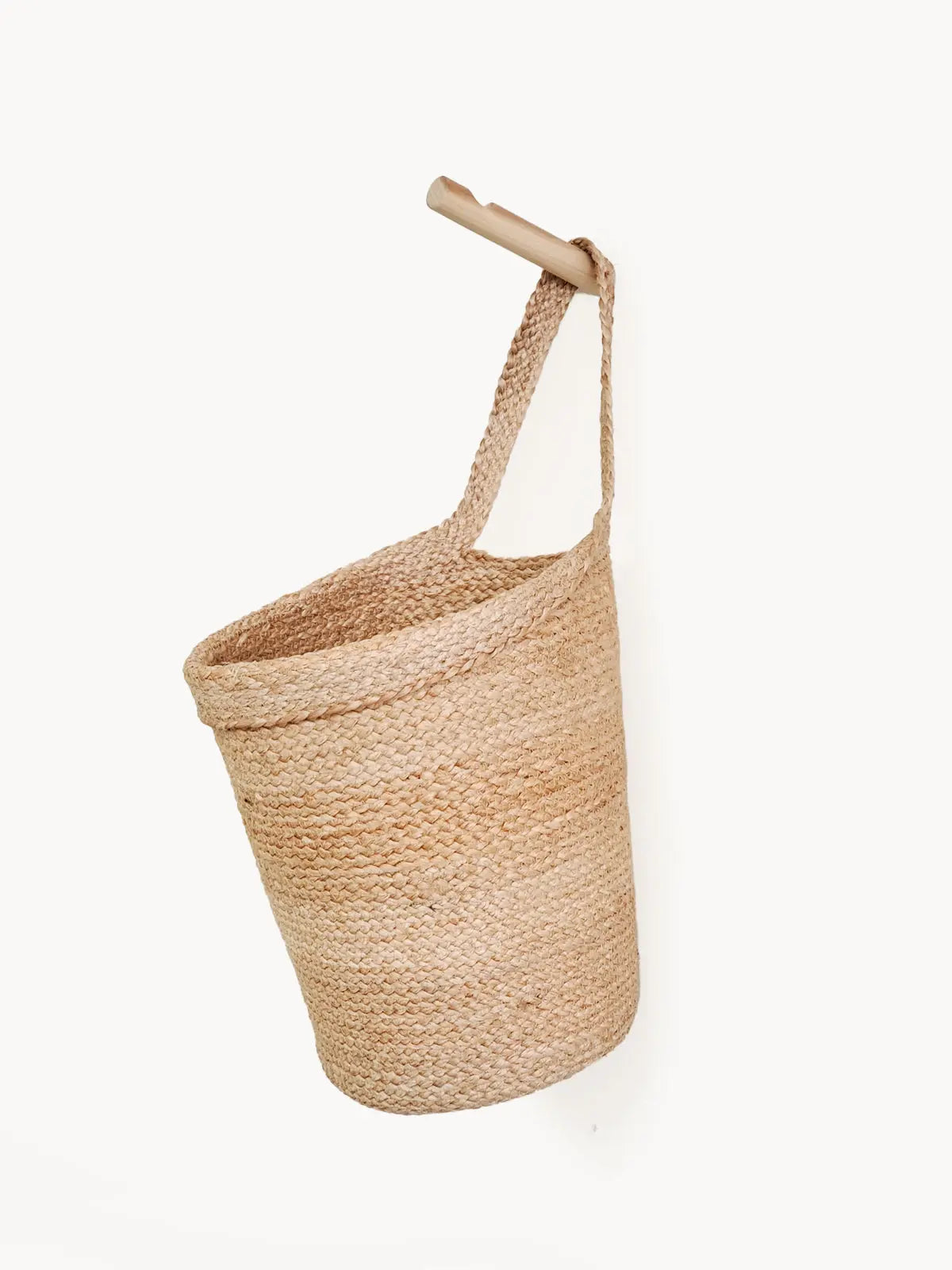 Woven seagrass wall basket with wooden hook, farmhouse decor storage