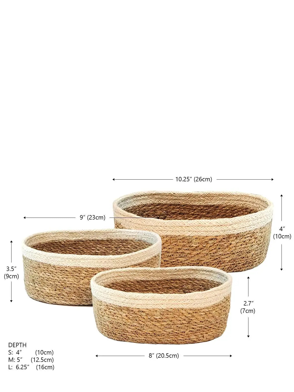 Set of 3 oval woven seagrass baskets with cream trim, farmhouse decor storage for cozy cottage style homes