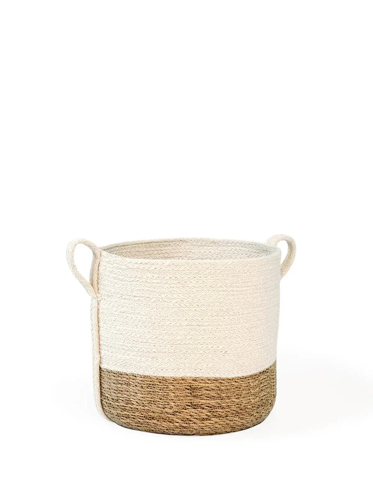 Cream and natural woven storage basket with handles, farmhouse decor