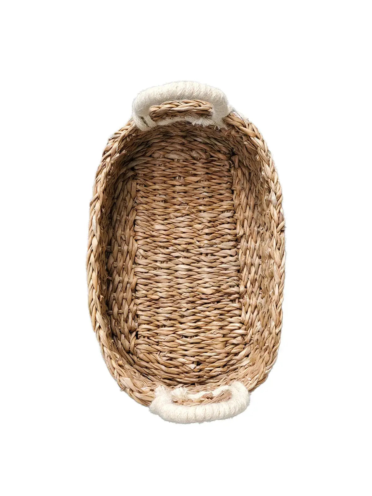 Oval woven seagrass basket with soft white handles, farmhouse decor storage