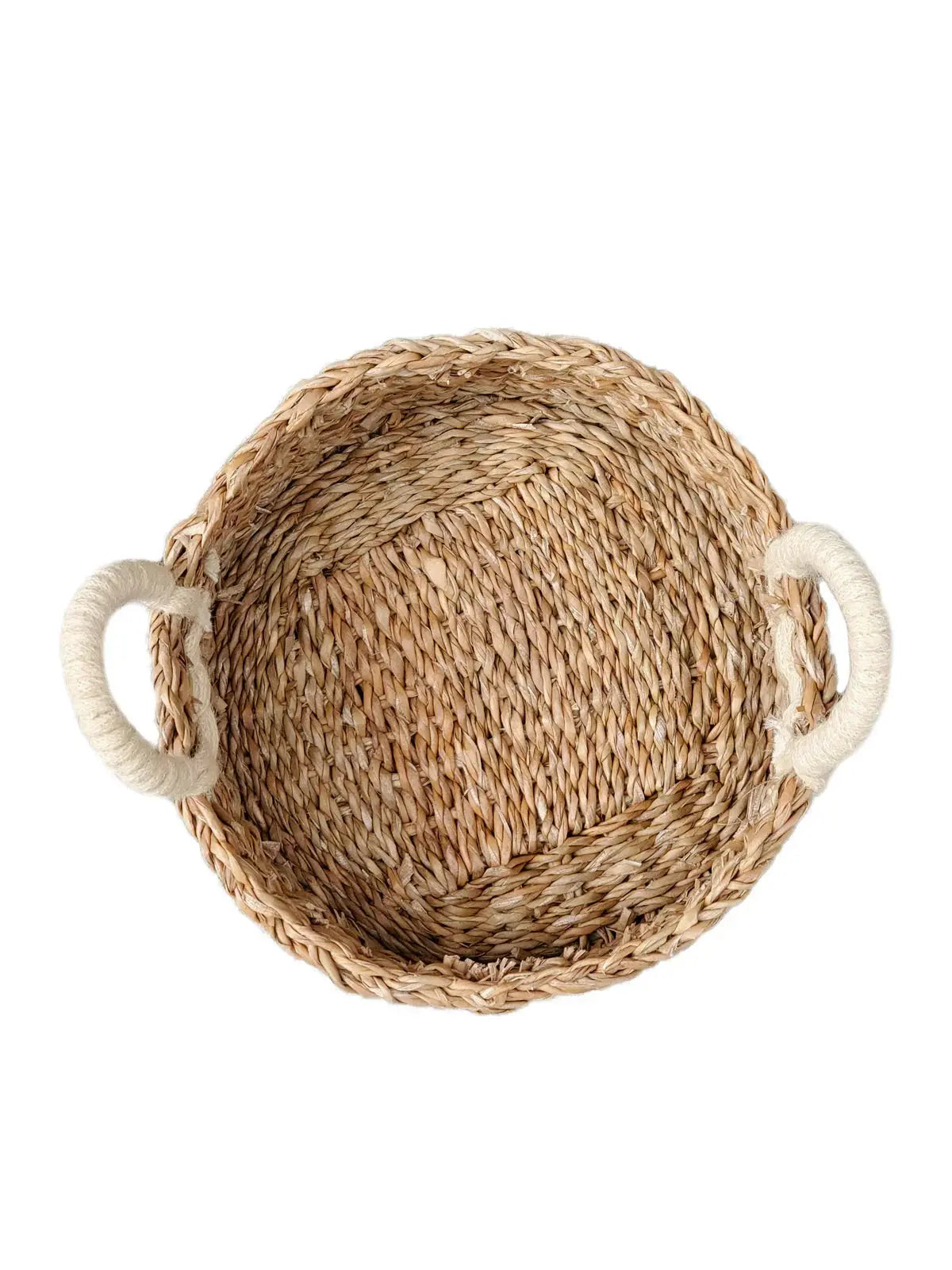 Woven seagrass basket with rope handles for farmhouse decor storage