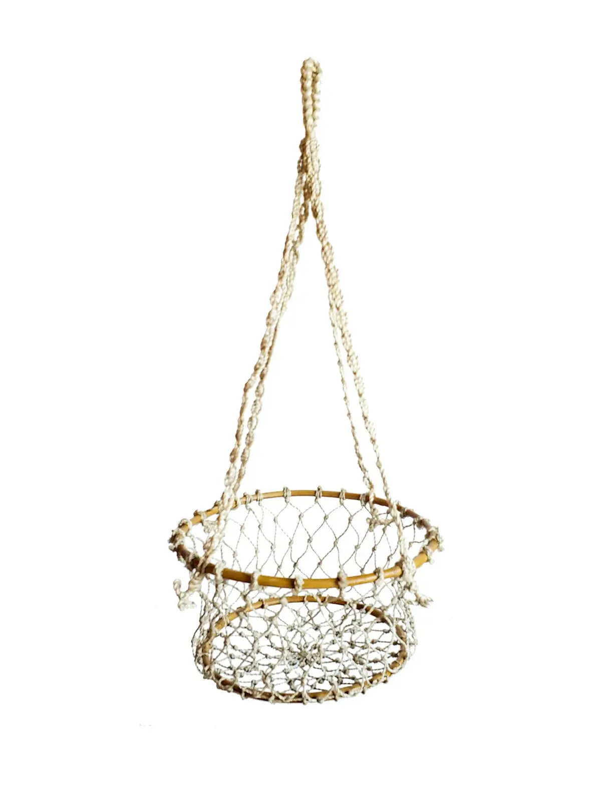 Macrame hanging basket with rattan frame, farmhouse decor for cozy home styling