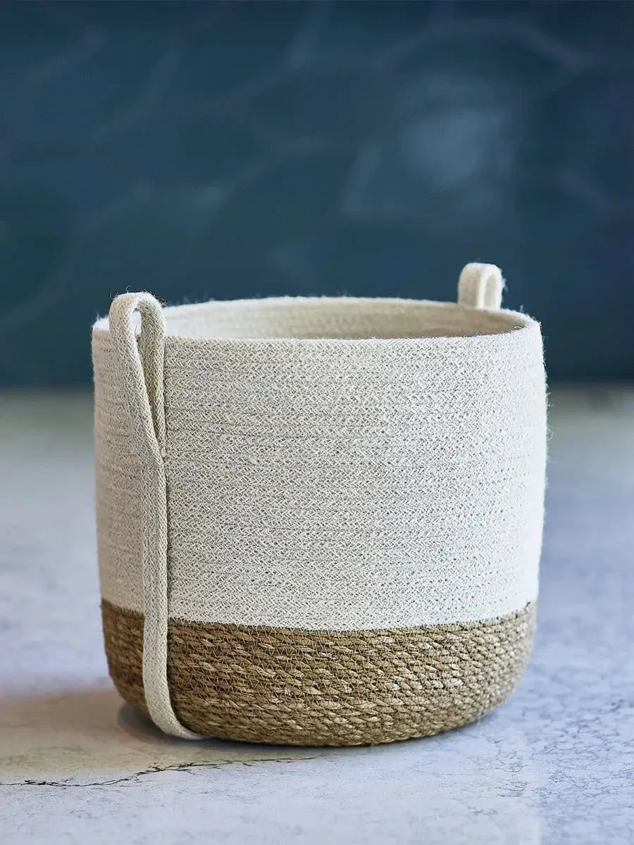 Natural woven storage basket with rope handles, farmhouse decor for cozy home organization