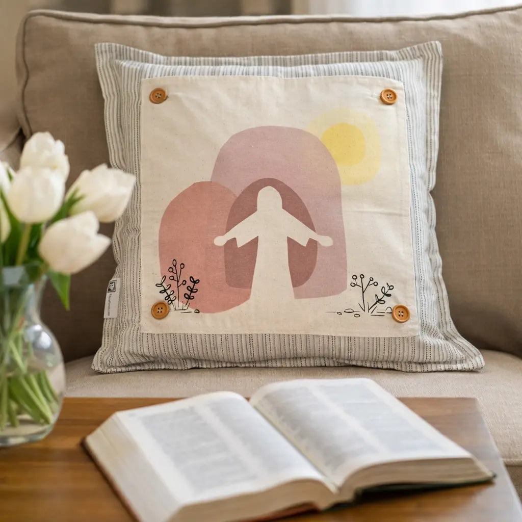 Decorative pillow with a design of a person between two hearts on a couch with an open book and flowers.