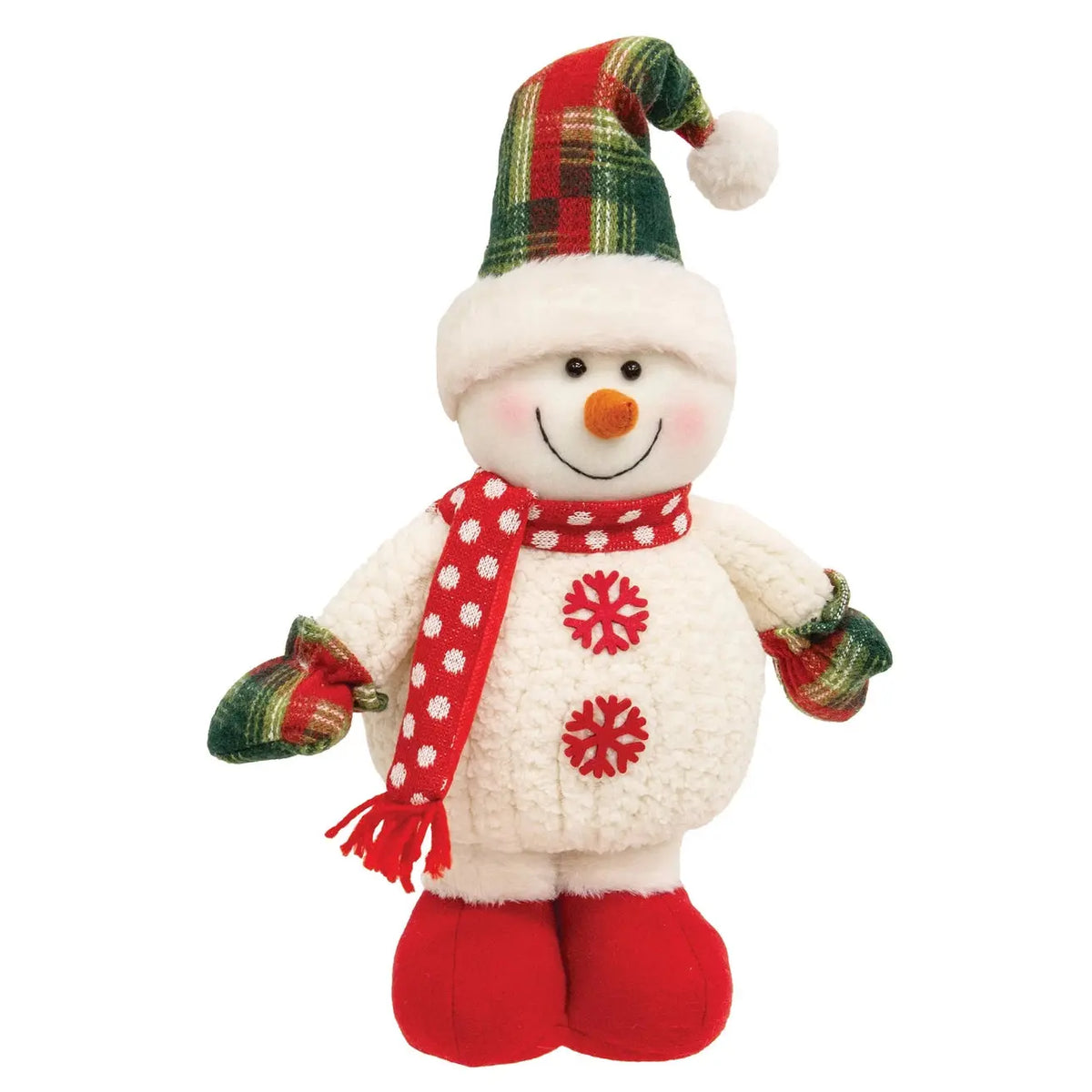 A plush Christmas snowman decoration with a red and green plaid hat, red and white polka dot scarf, red mittens, and red boots, shown on a plain white background.