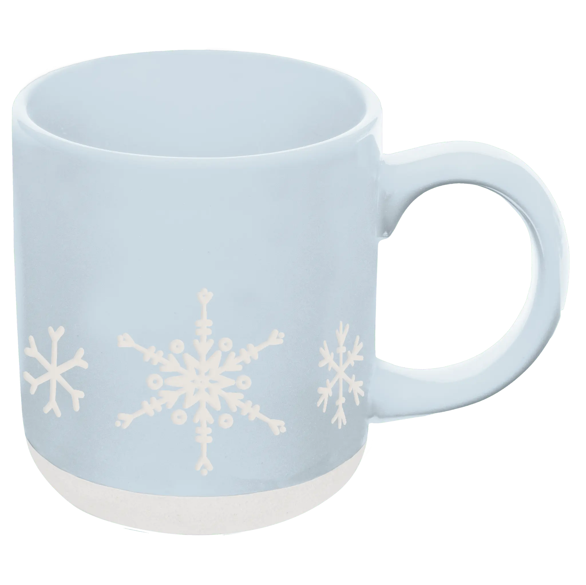 White mug with snowflake designs on a light blue background