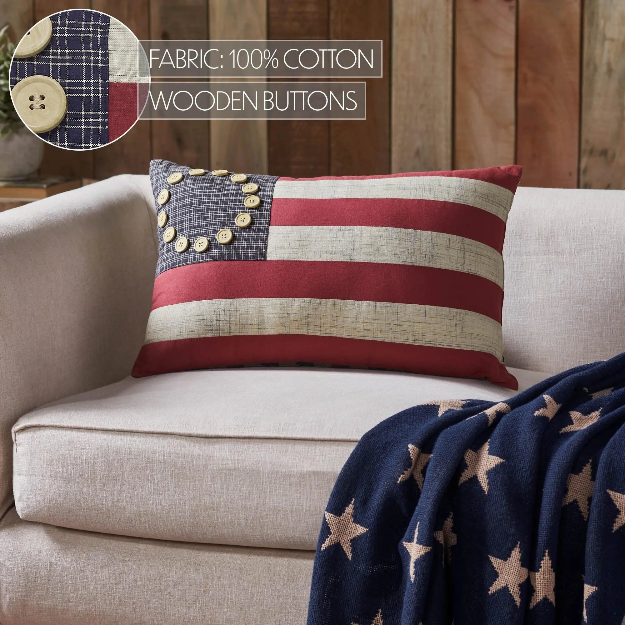 American flag pillow with wooden buttons, 100% cotton, farmhouse decor on beige sofa