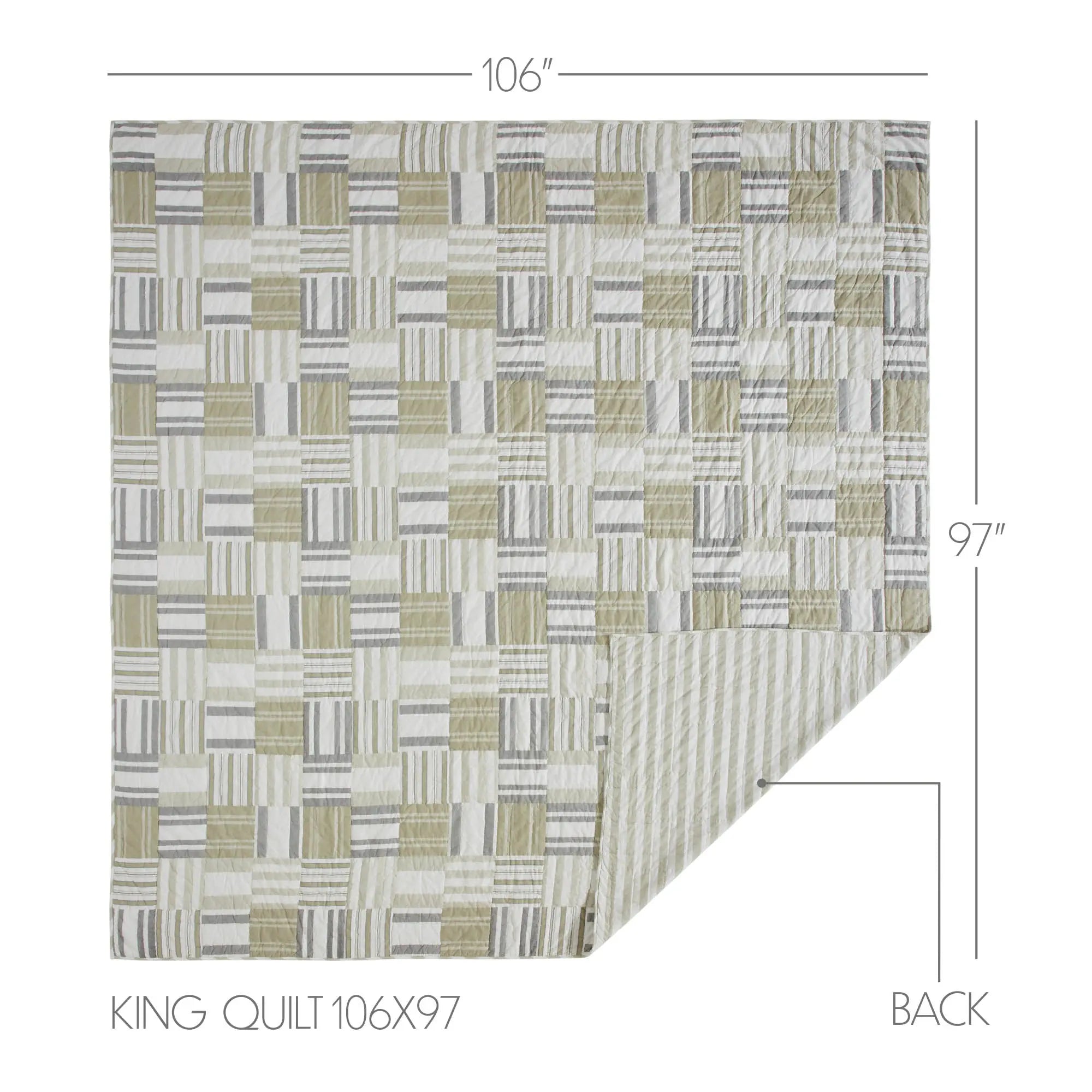 King quilt shown flat with a geometric patchwork pattern in beige, gray, and olive green, with dimension lines indicating 106 by 97 inches and a folded corner showing the back side.