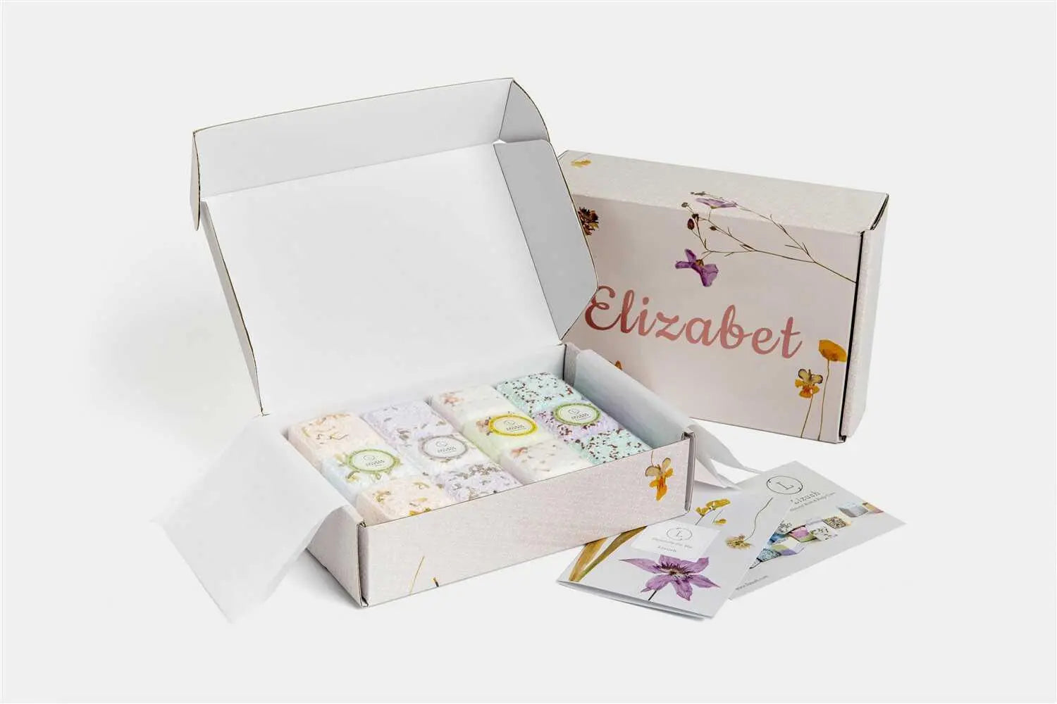 Personalized gift box with floral soap bars, perfect for cozy home decor and thoughtful gifts