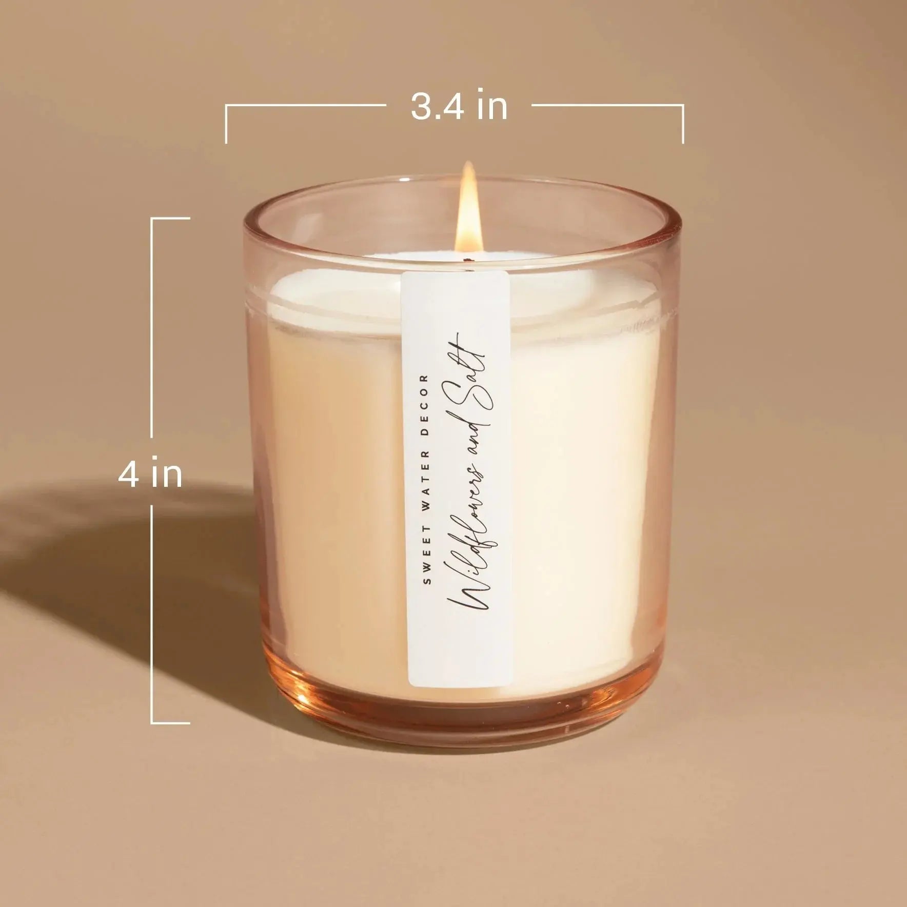 Lit Wildflowers and Salt candle in rose-tinted glass, cozy home decor with 4-inch height