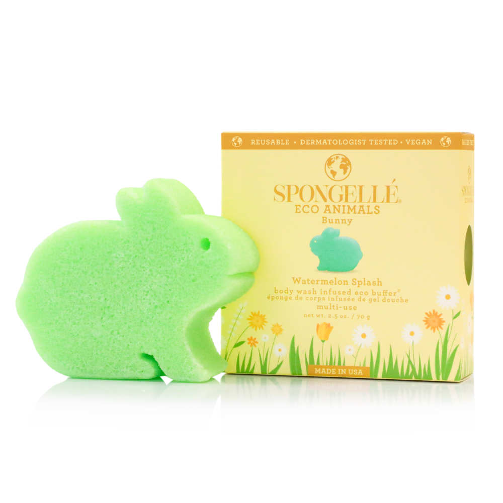 Green bunny-shaped sponge with packaging on a white background