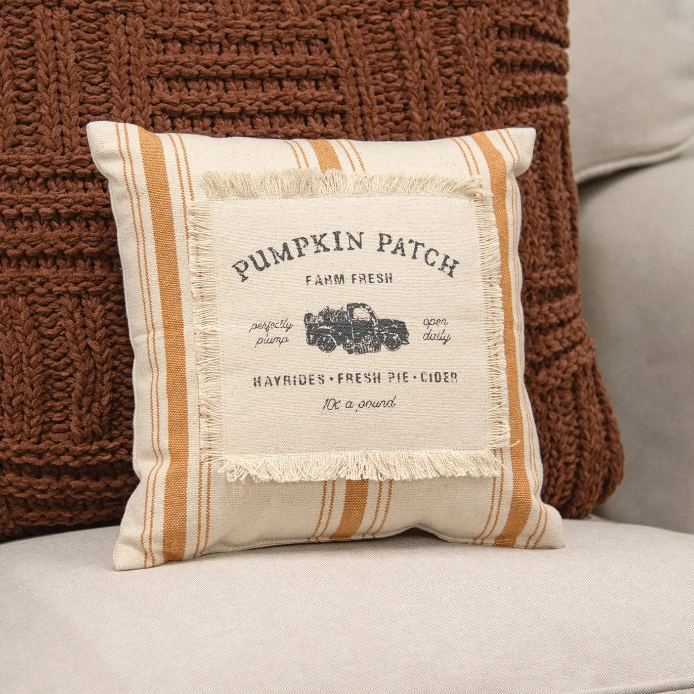 Pumpkin Patch Orange Ticking Stripe Pillow | 10" Square