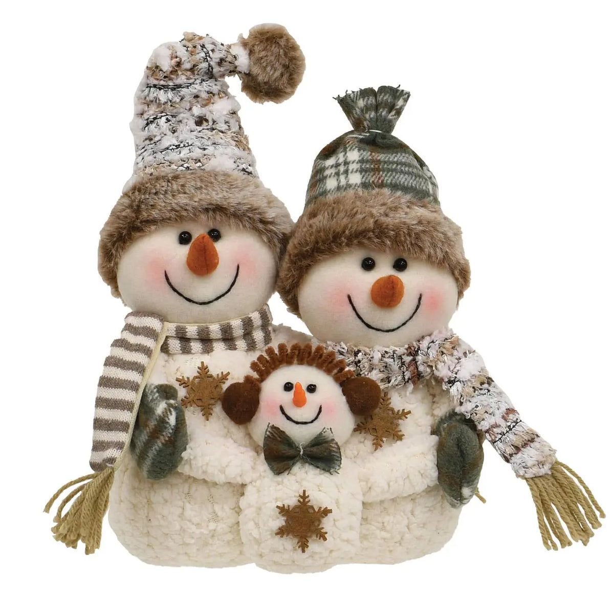 A plush Christmas snowman decoration featuring three stacked snowmen figures wearing fuzzy hats, striped scarves, and brown star-shaped mittens, set against a plain white background.