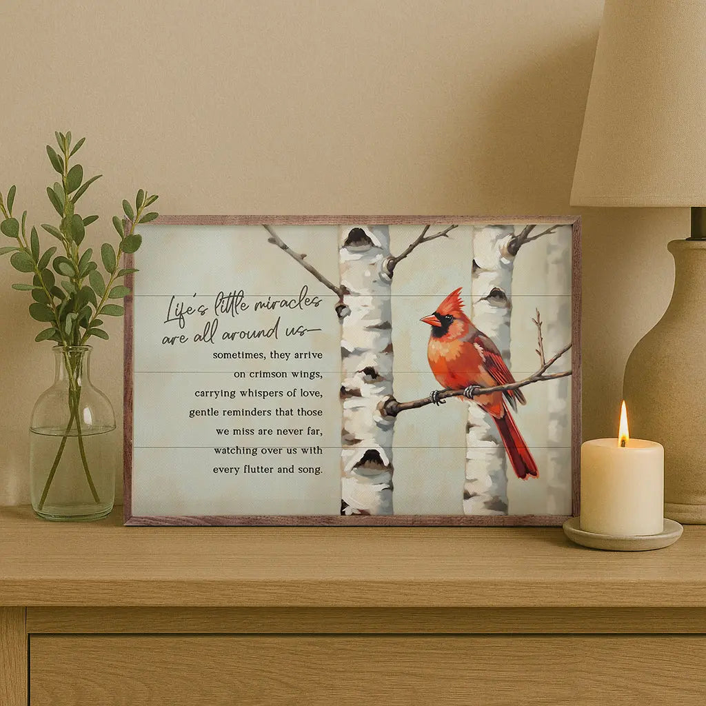 Framed artwork with a cardinal bird on a branch, birch trees, and a quote on a wooden surface with a candle and plant.