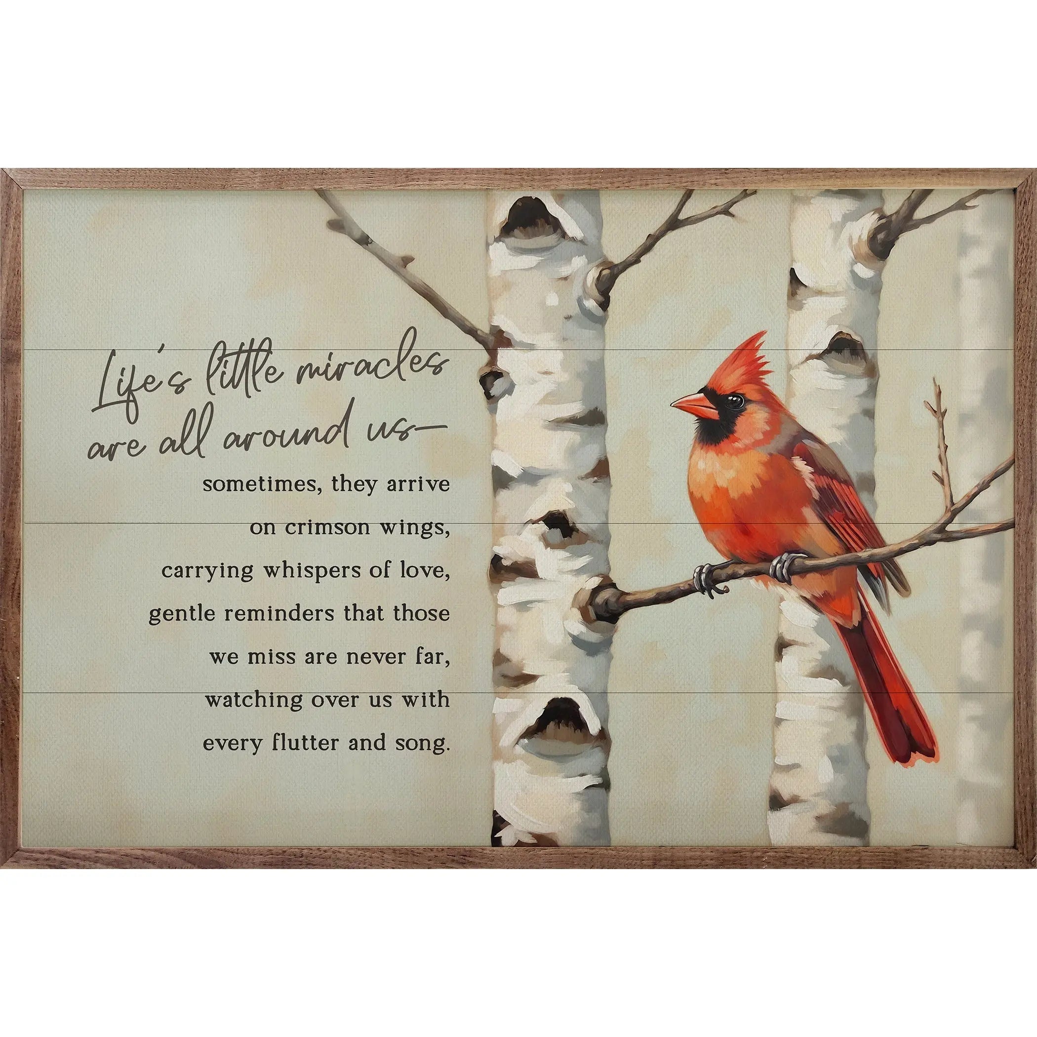 Cardinal bird on a branch with birch trees and a quote about life's little miracles.
