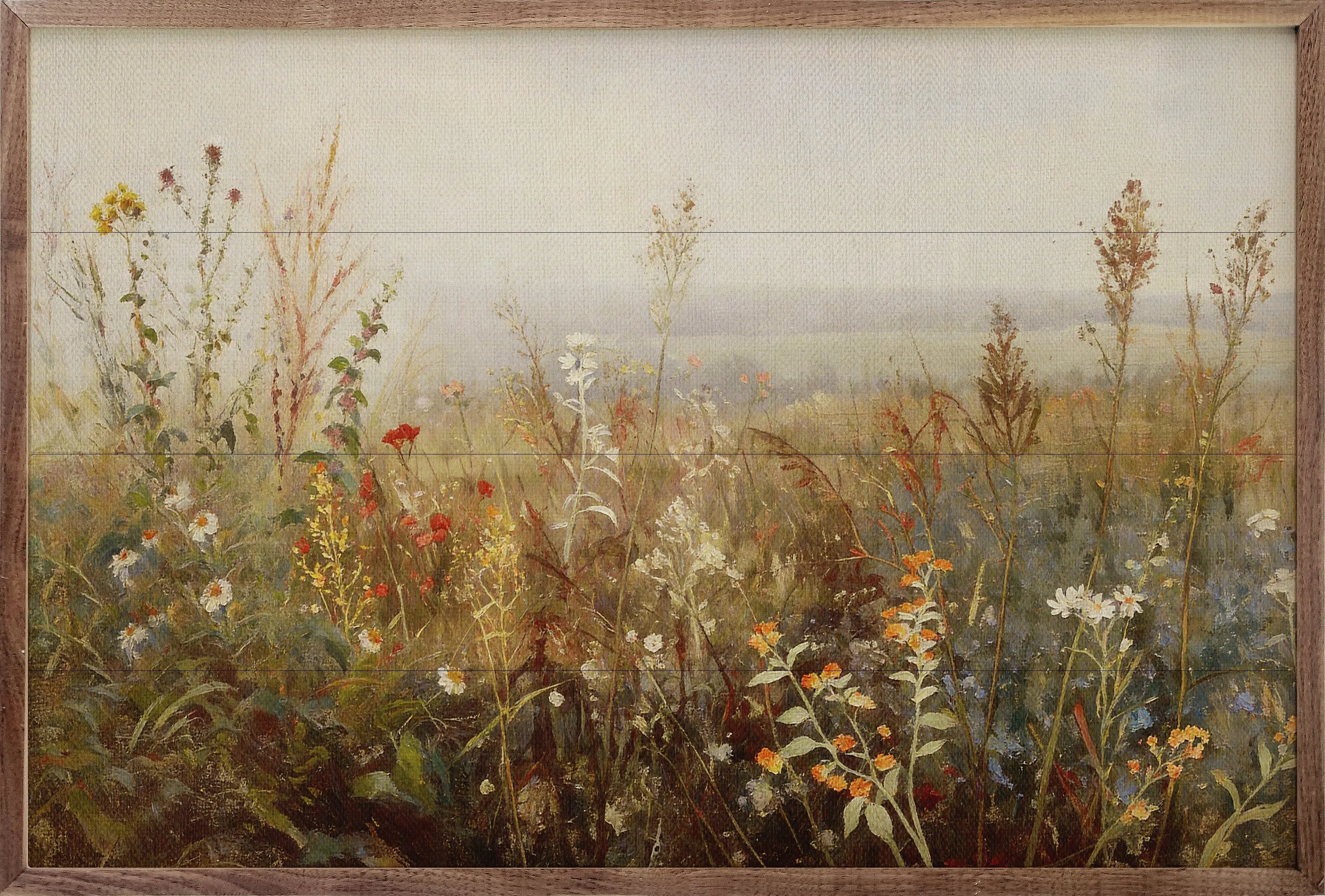 A framed landscape painting depicting a wildflower meadow with tall grasses and distant trees under a pale sky, enclosed in a rustic wooden frame.