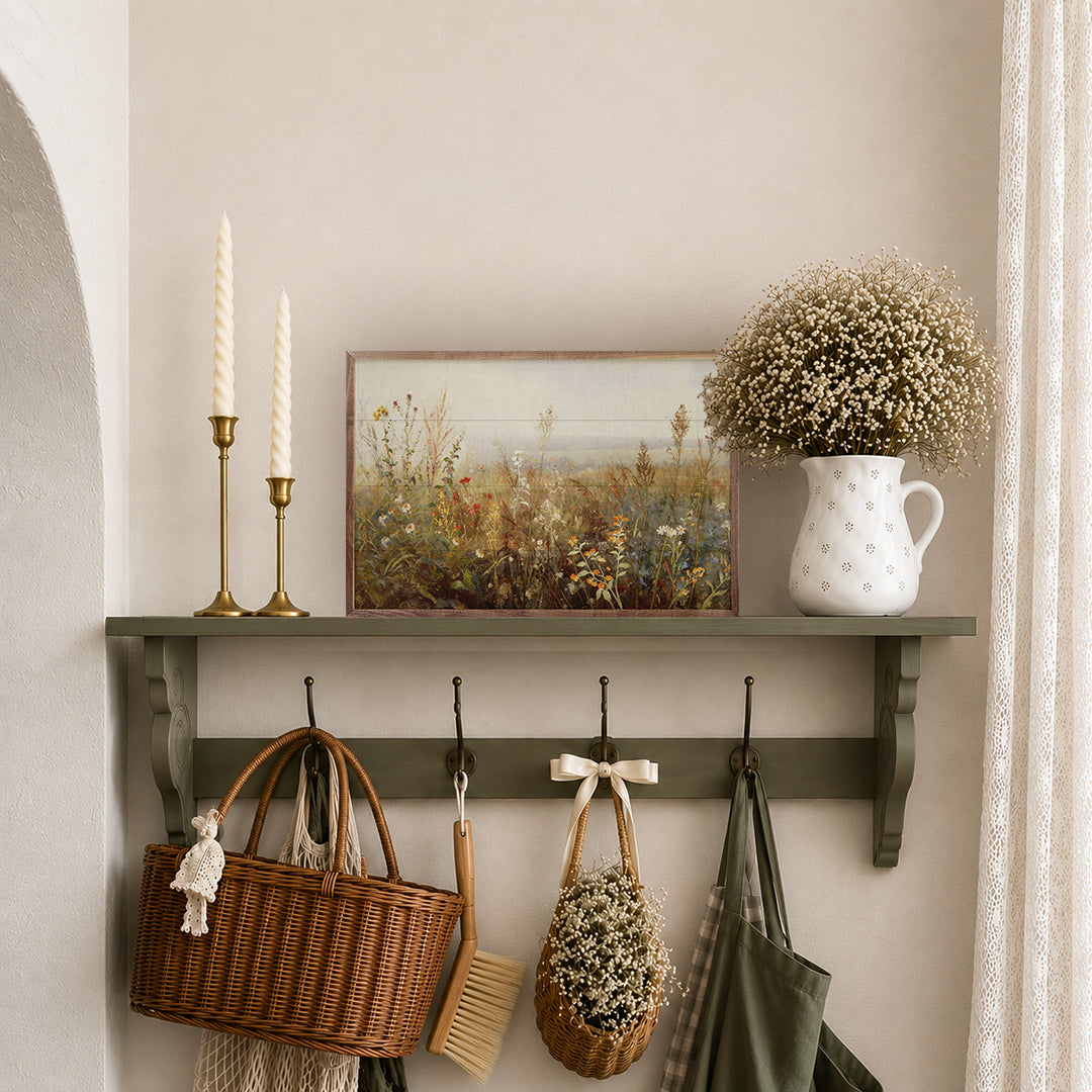 Wall shelf with decorative items including a basket, flowers, and a pitcher.