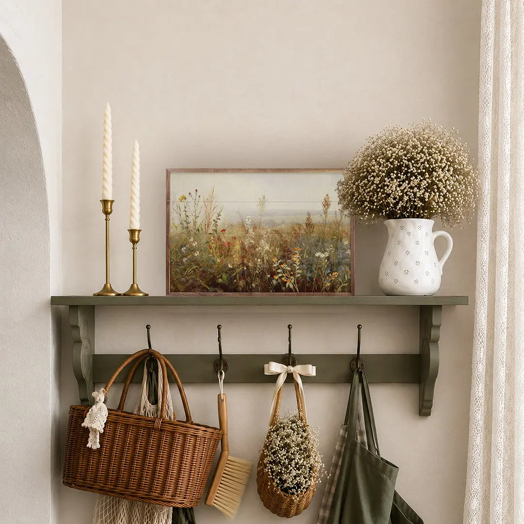 Wall shelf with decorative items including a basket, flowers, and a pitcher.