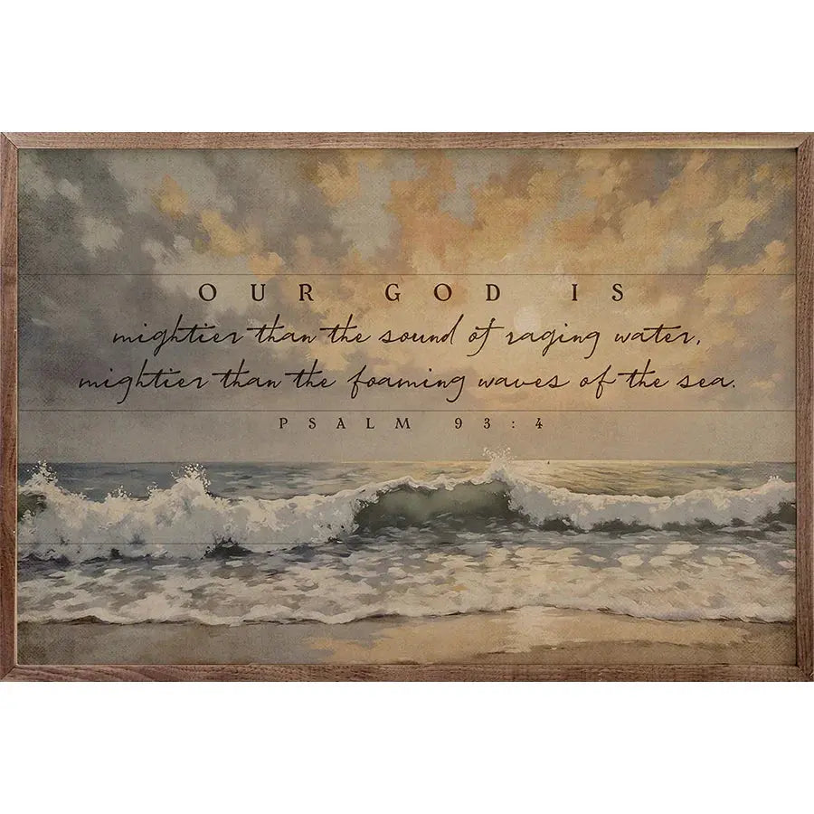 Framed coastal wall art with Psalm 93:4 scripture, ocean waves, and rustic wood frame for farmhouse decor