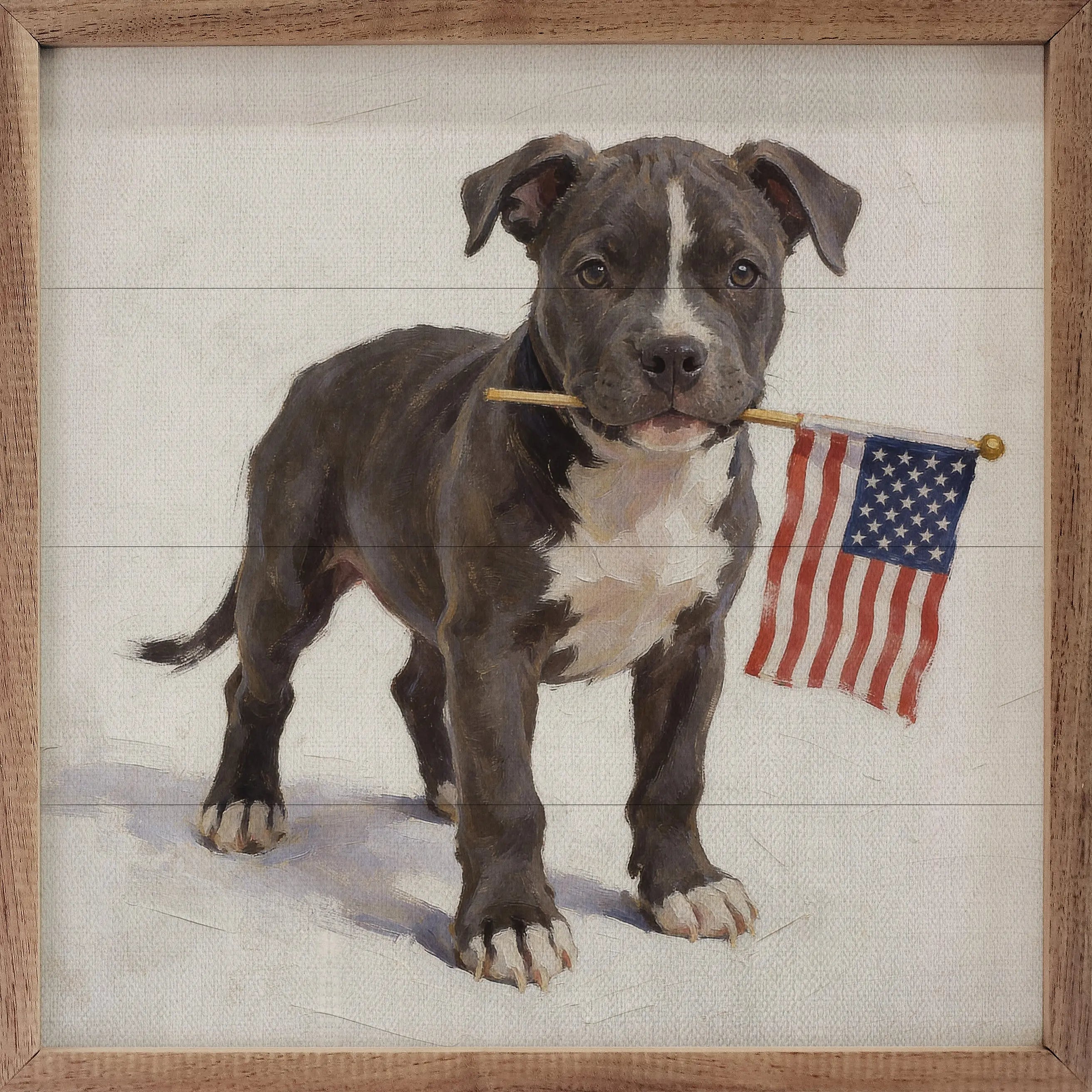 Puppy holding an American flag in its mouth on a wooden framed background