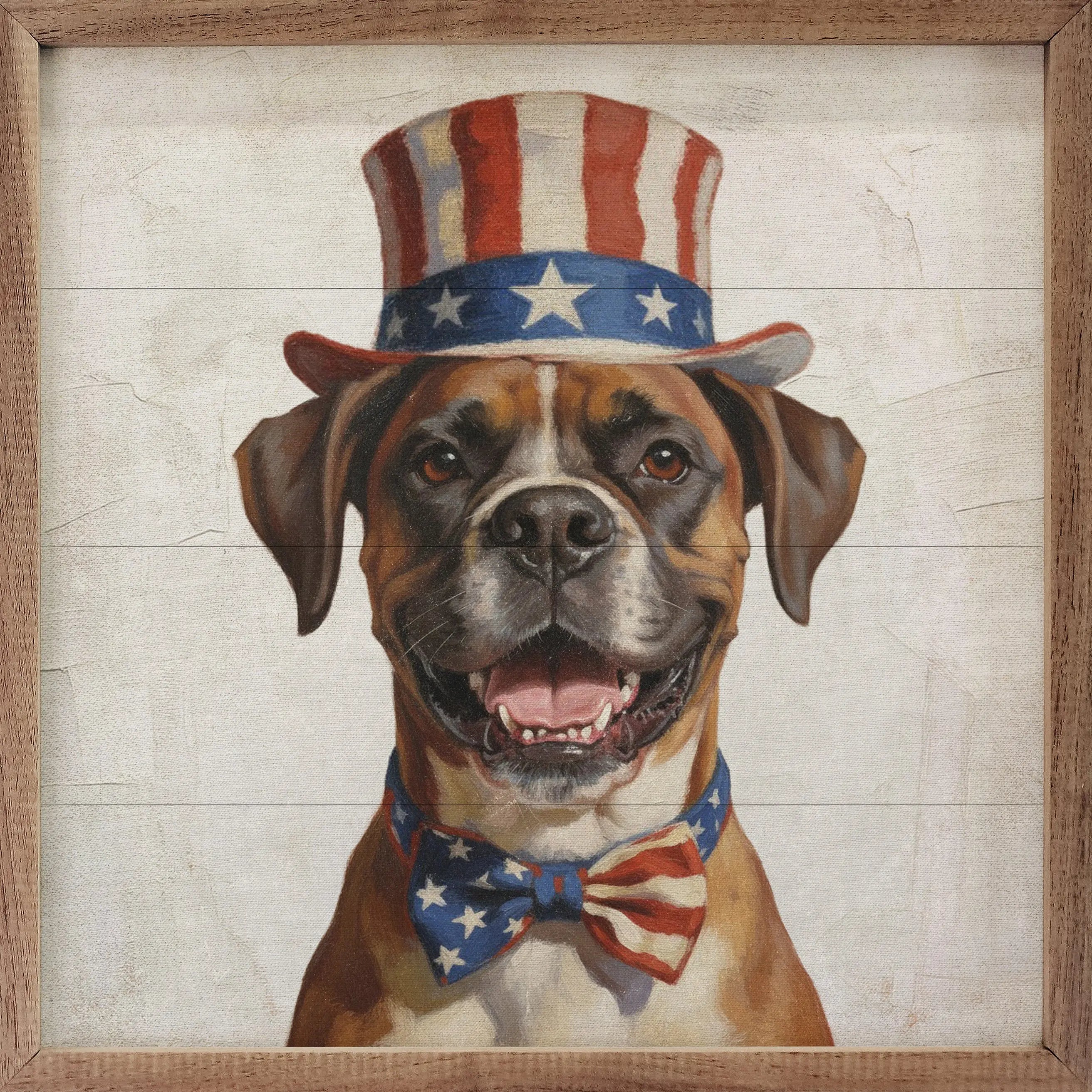 Dog wearing an American flag hat and bow tie on a wooden background