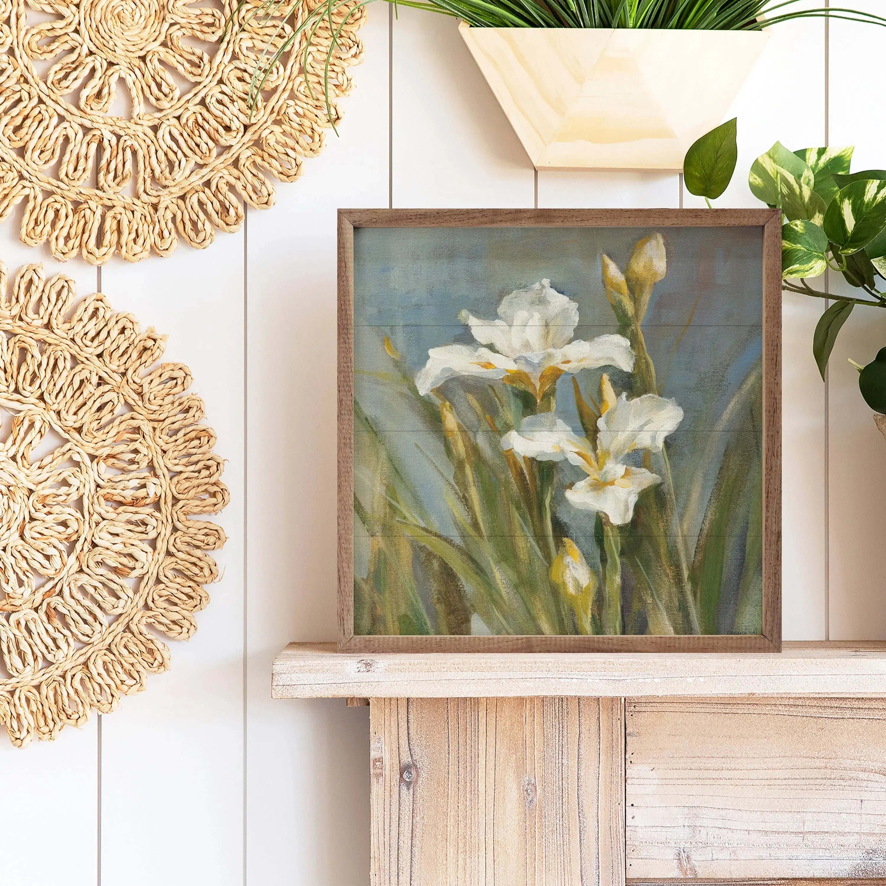 Framed white iris floral art for farmhouse wall decor with macrame and greenery accents