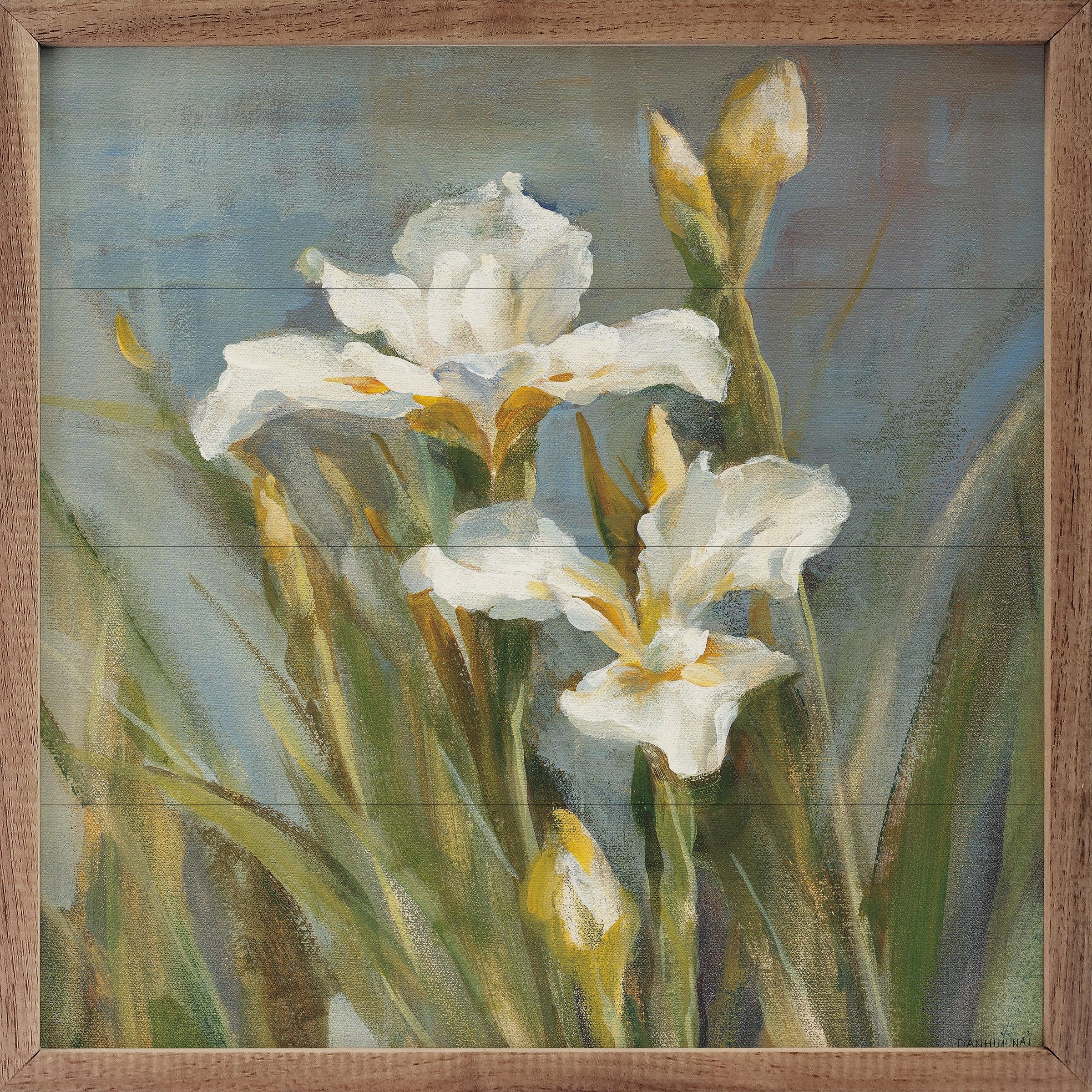 Framed white iris flower wall art for cozy farmhouse or cottage style home decor