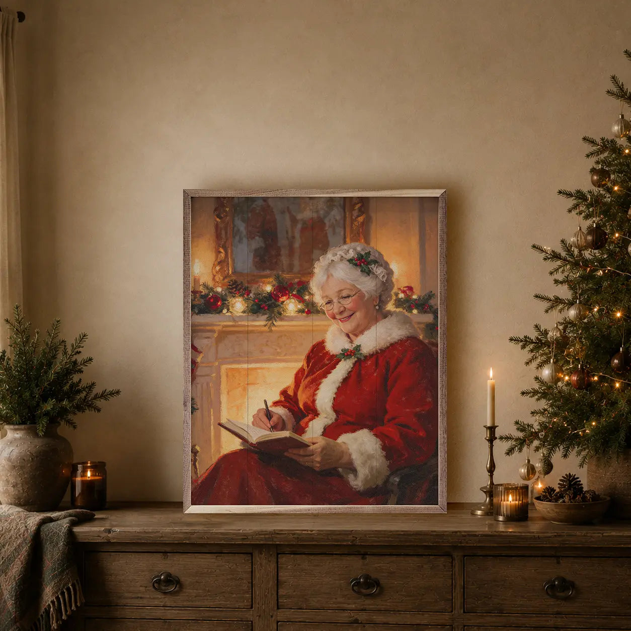 Framed artwork of a Mrs. Claus in a red outfit sitting by a fireplace with Christmas decorations writing in her journal.
