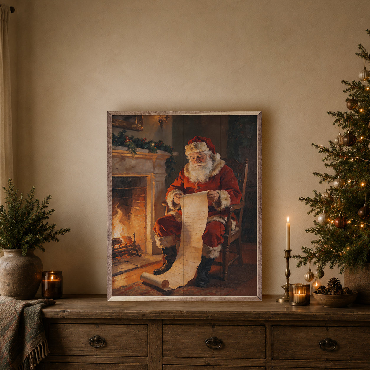 Framed artwork of Santa Claus sitting by a fireplace with a Christmas tree and candles in the background.