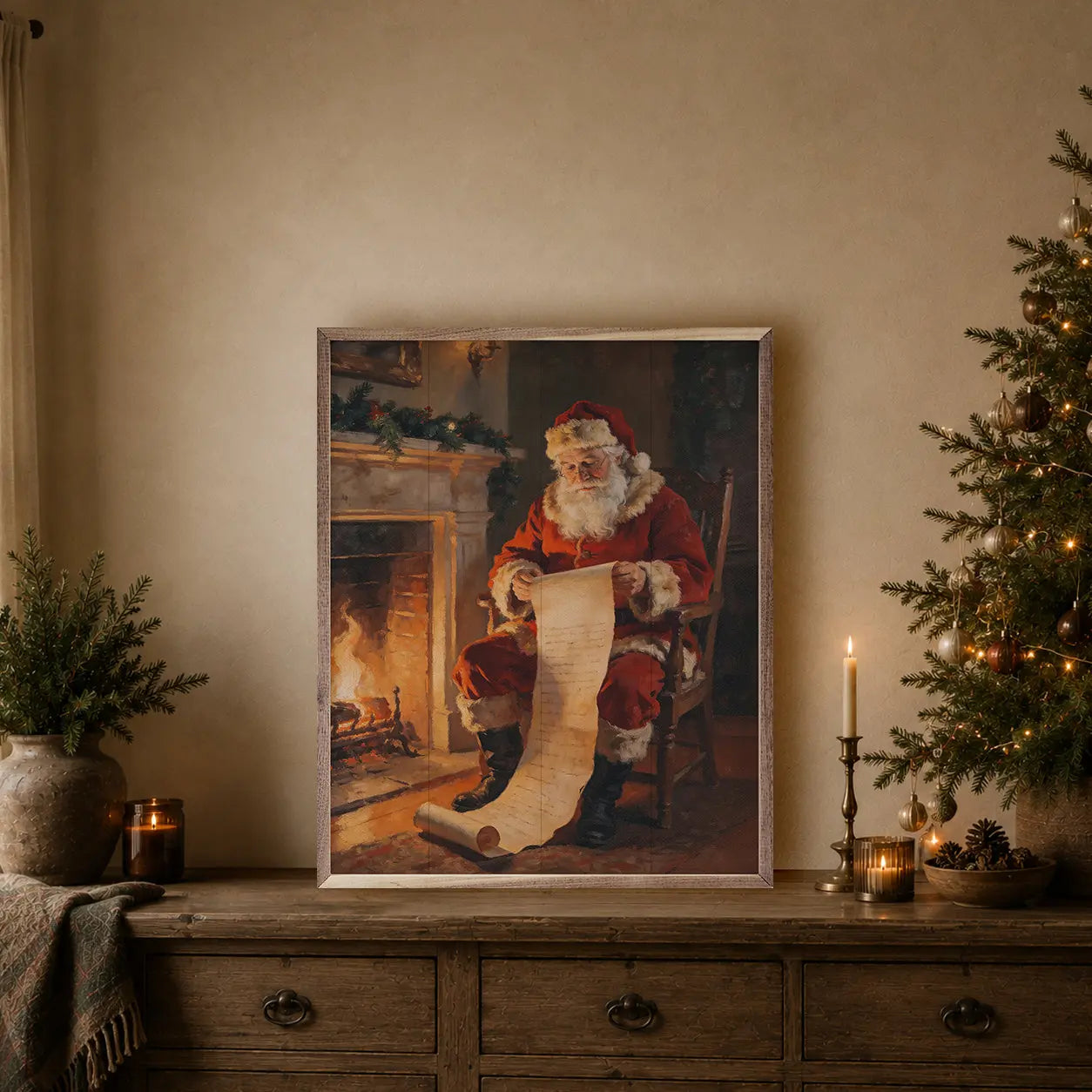 Framed artwork of Santa Claus sitting by a fireplace with a Christmas tree and candles in the background.