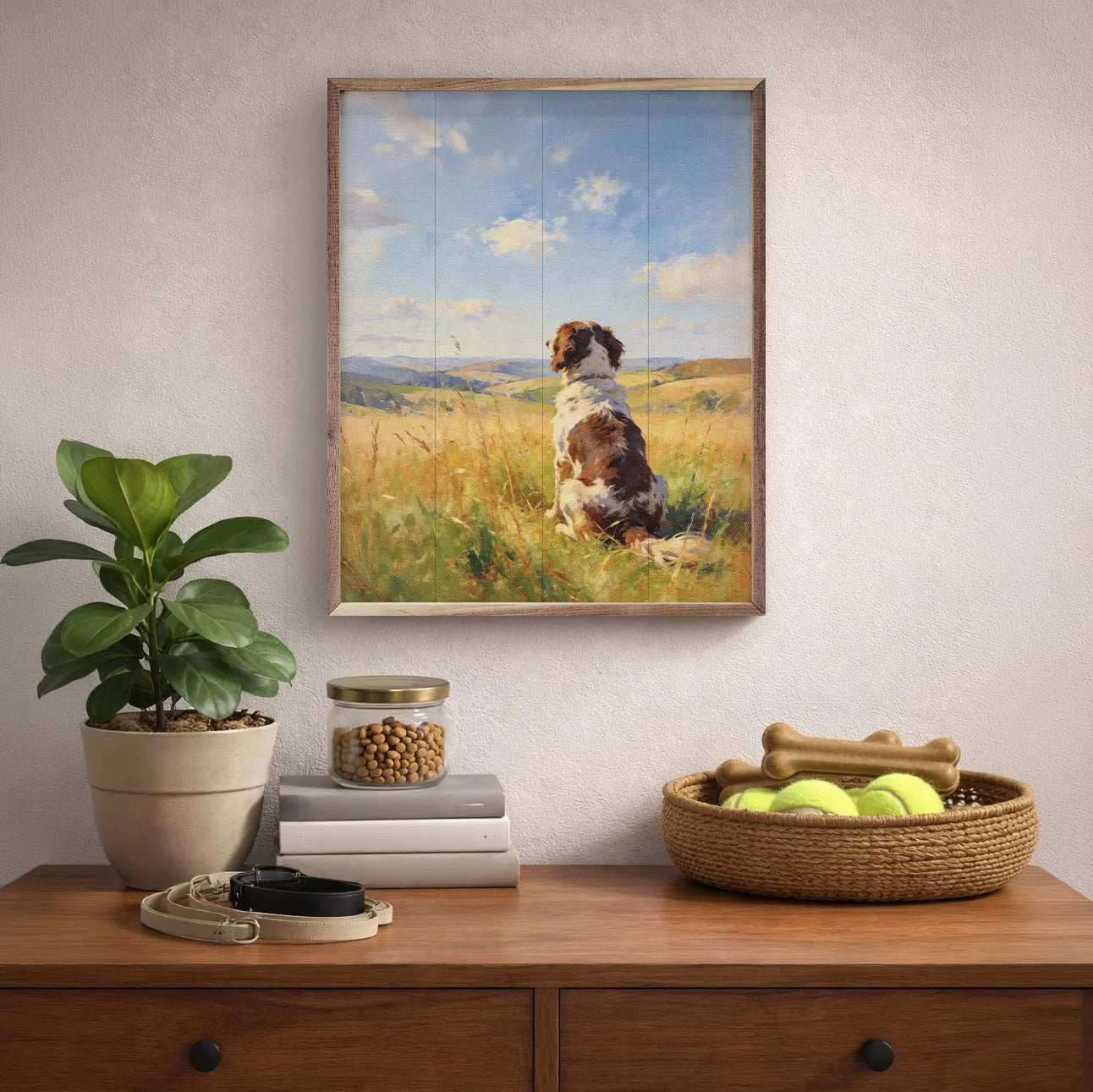 Framed painting of a dog in a field above a wooden dresser with pet toys and a plant.