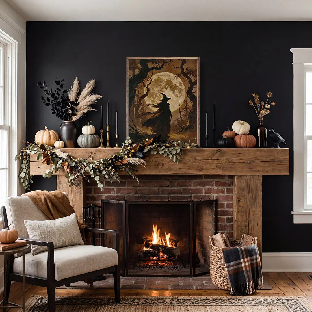 Cozy living room with a fireplace, Halloween decorations, and a witch silhouette painting.