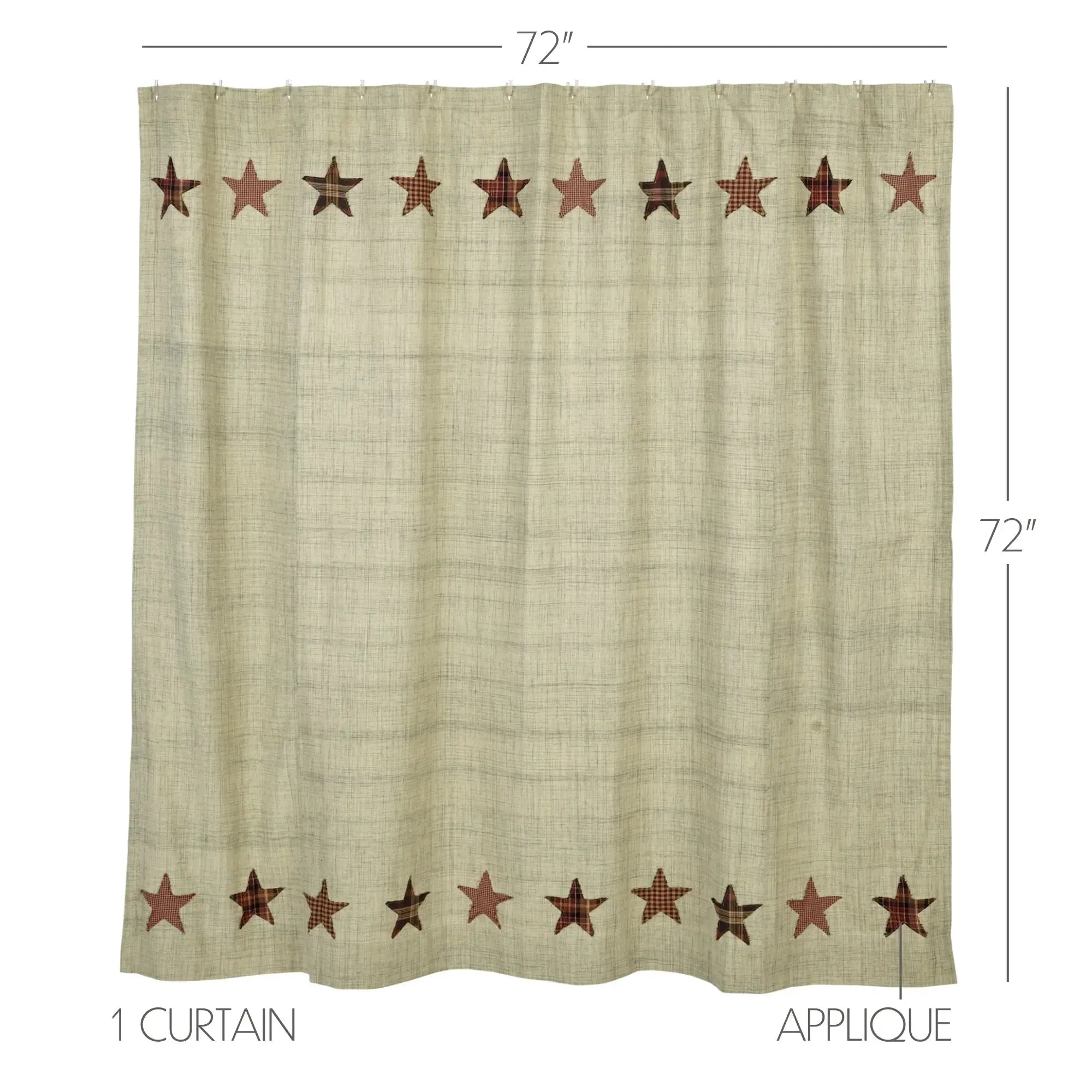 Beige curtain with star applique design and measurements on a white background