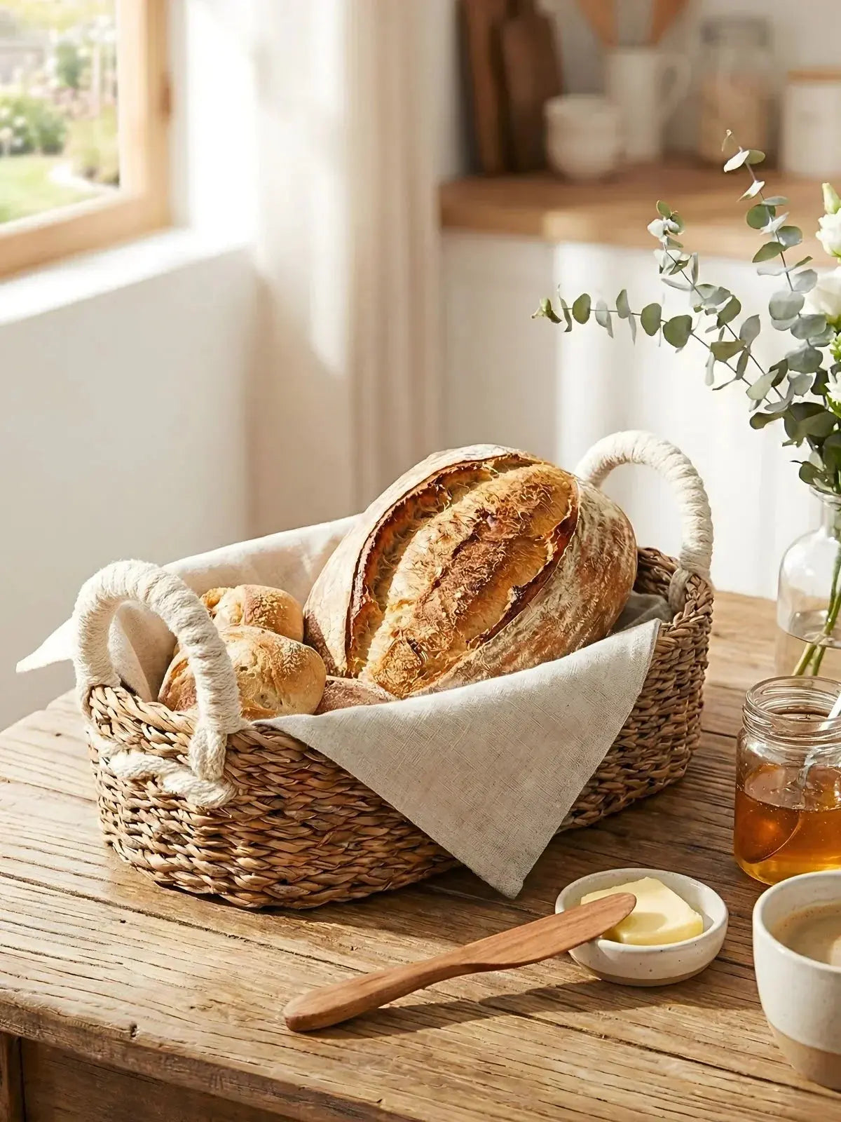 Woven bread basket with rustic sourdough loaf, butter, honey, and eucalyptus on farmhouse kitchen table
