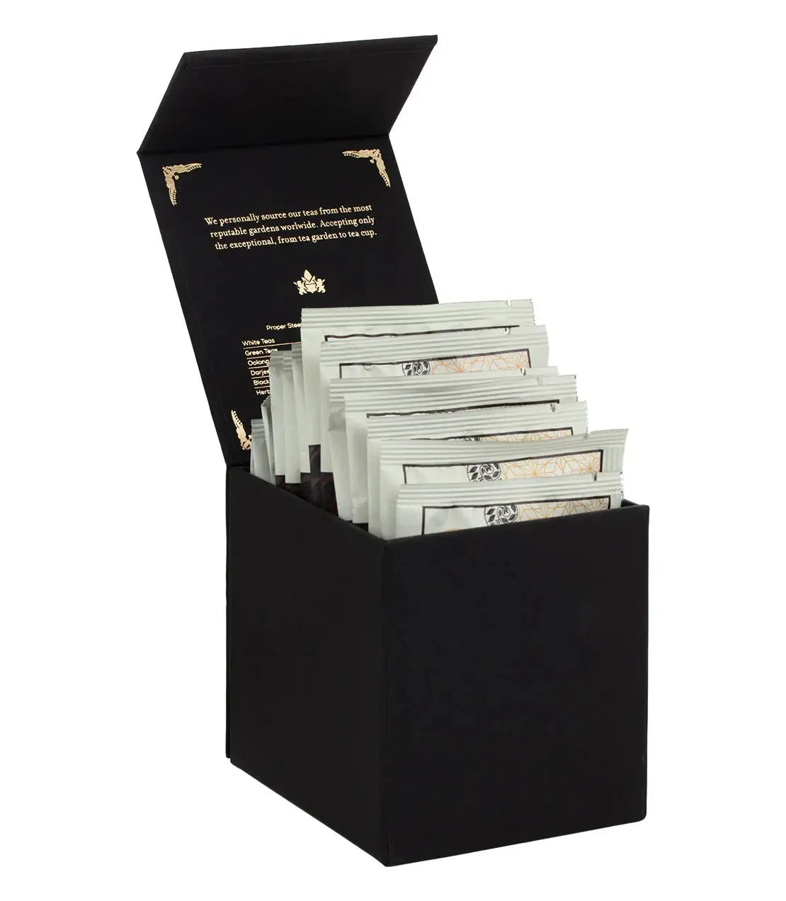 Elegant black tea gift box with assorted tea sachets, perfect for cozy home decor and thoughtful gifting