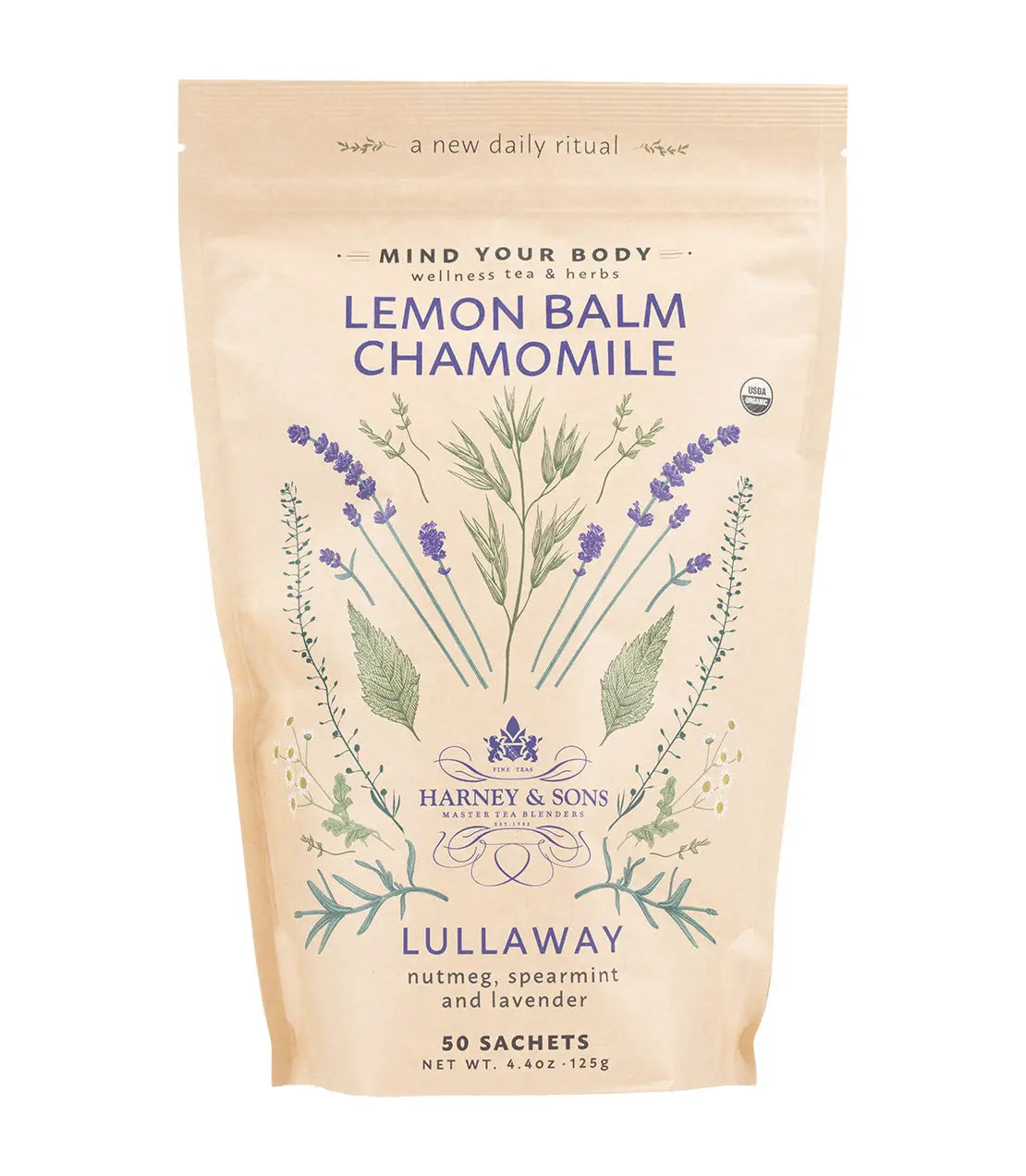 Harney & Sons Lemon Balm Chamomile tea package on a white background