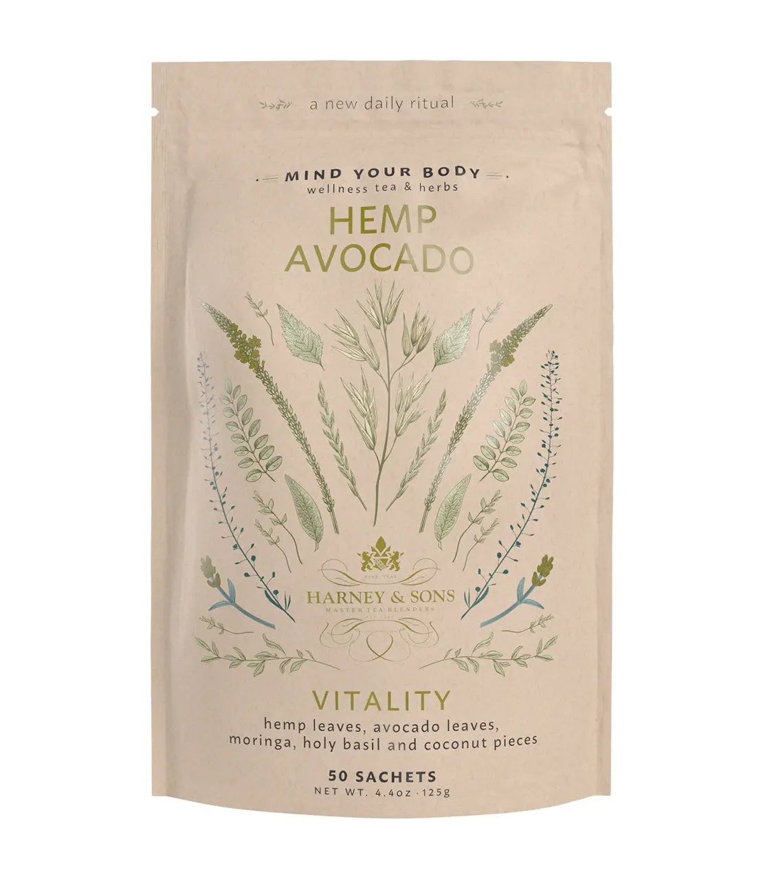 Hemp Avocado wellness tea package with botanical illustrations on a beige background