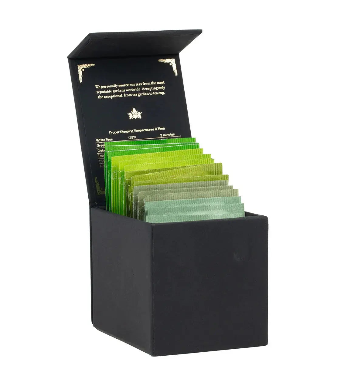Elegant black box with green tea sachets, perfect for cozy home tea moments and thoughtful gifts