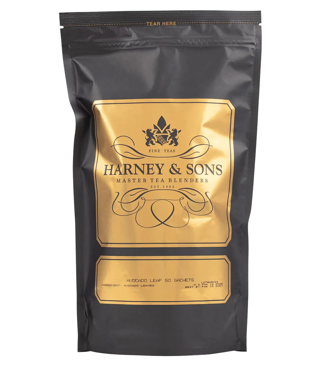 Harney & Sons tea package with gold label on a white background